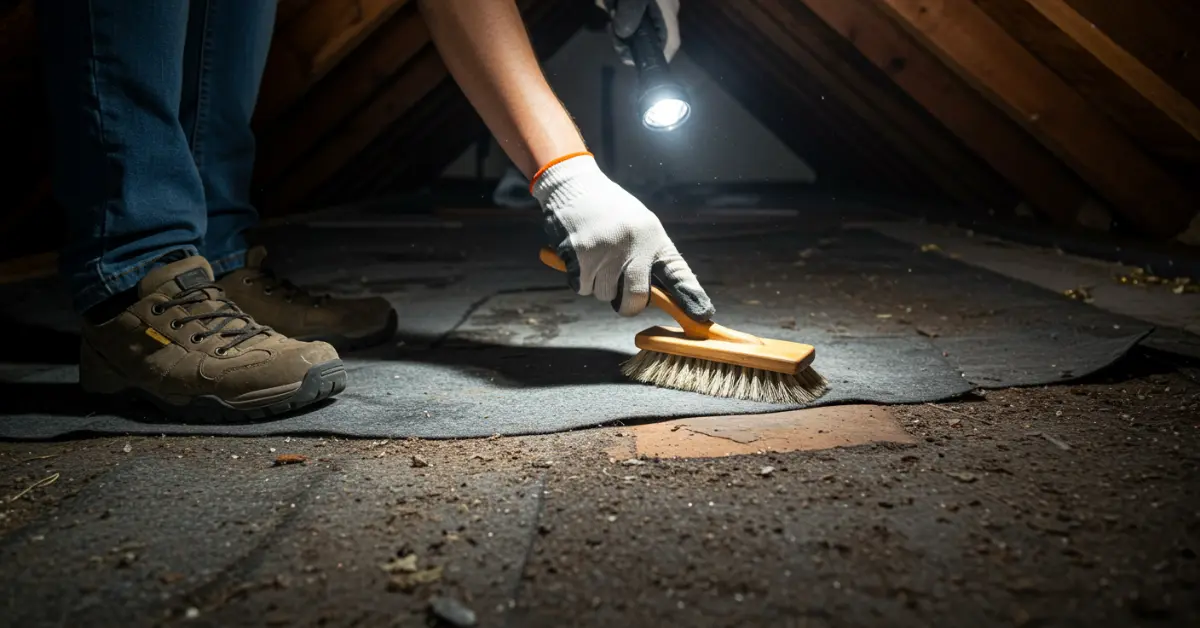 How to Repair Roof Felt from Inside Your Loft: A Practical Homeowner’s Guide 2 Cleaning dust and loose debris from the roof felt