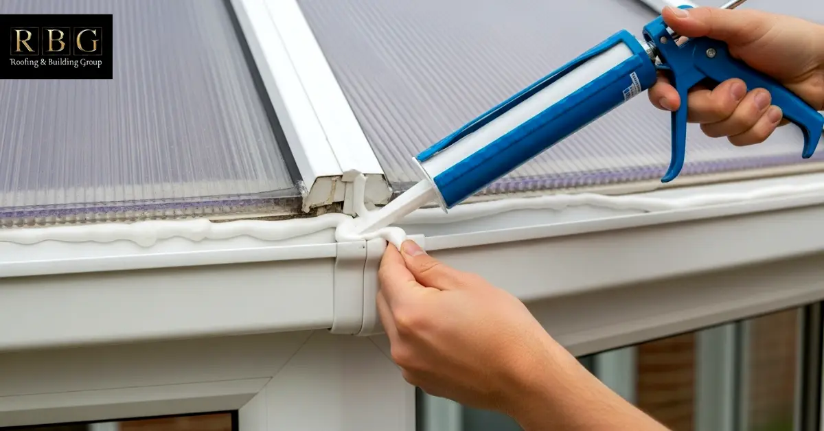 Applying silicone sealant to the roof joints
