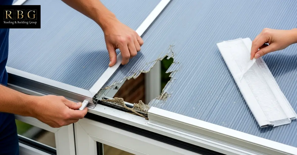 Carefully removing the damaged polycarbonate roof panel