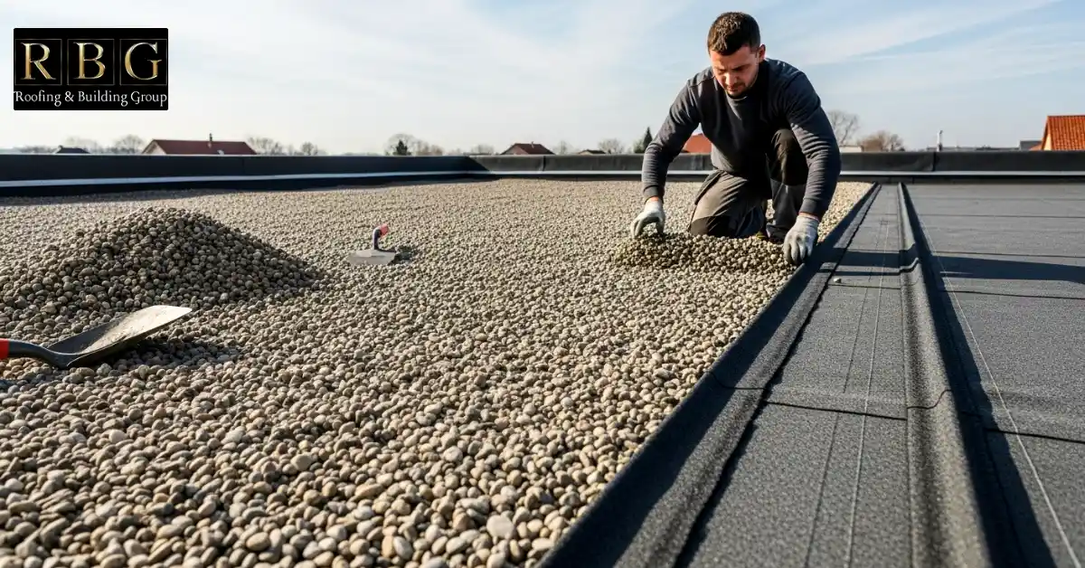 How to felt a flat roof in UK 8 Protective gravel and fibre trims added on top of felt flat roof