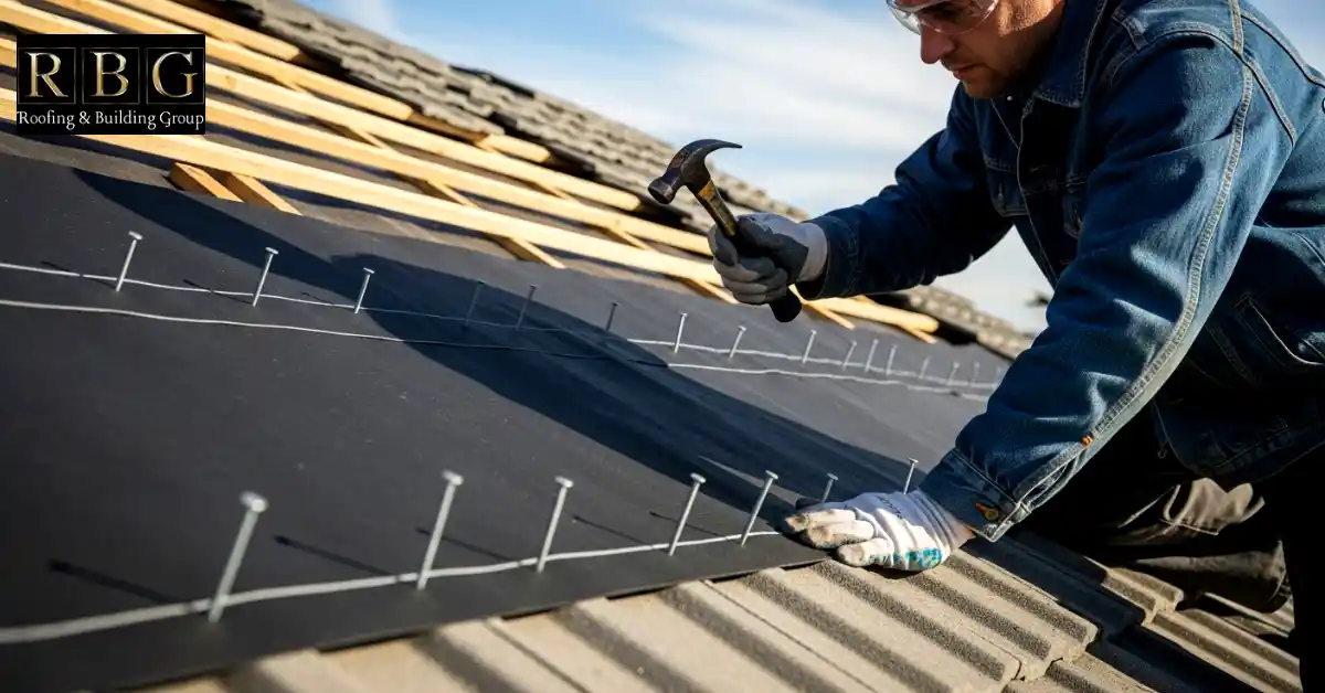 How to felt a flat roof in UK 4 First layer of roofing felt being laid and nailed evenly on a flat roof