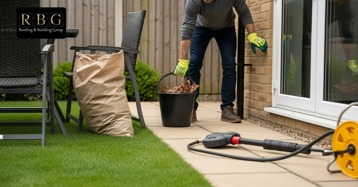 Preparing garden area and clearing leaves near house.