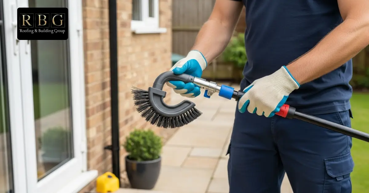 Attaching a curved gutter cleaning brush to a telescopic pole.