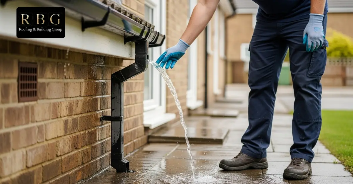 Rinsing gutters to check water flow through the downpipe.
