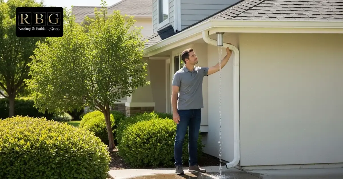 Checking gutter downpipe to ensure water flows freely.