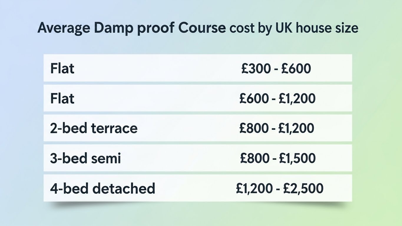 Table showing average damp proof course cost in the UK for flats, 2-bed terraces, 3-bed semis, and 4-bed detached homes.