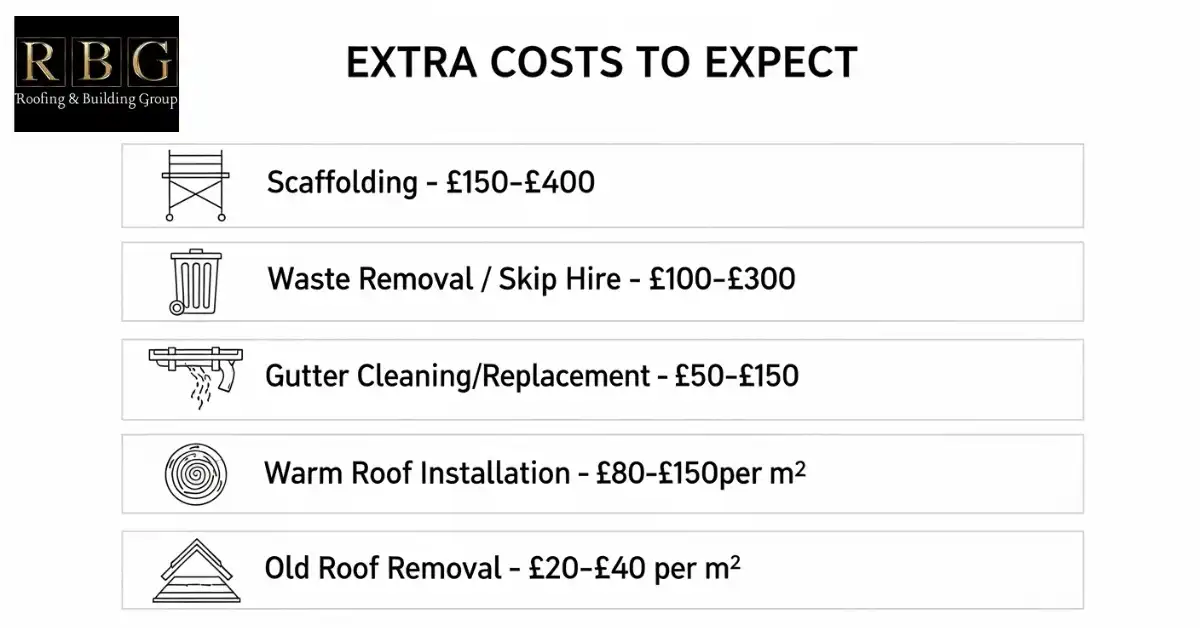 Infographic showing extra flat roof replacement costs including scaffolding, waste removal, gutter work, warm roof installation and old roof removal.