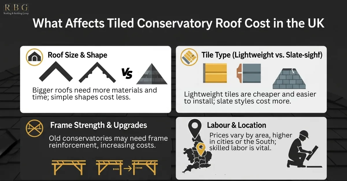Factors that affect tiled conservatory roof cost in the UK, including roof size and shape, tile type, frame strength, and labour and location.