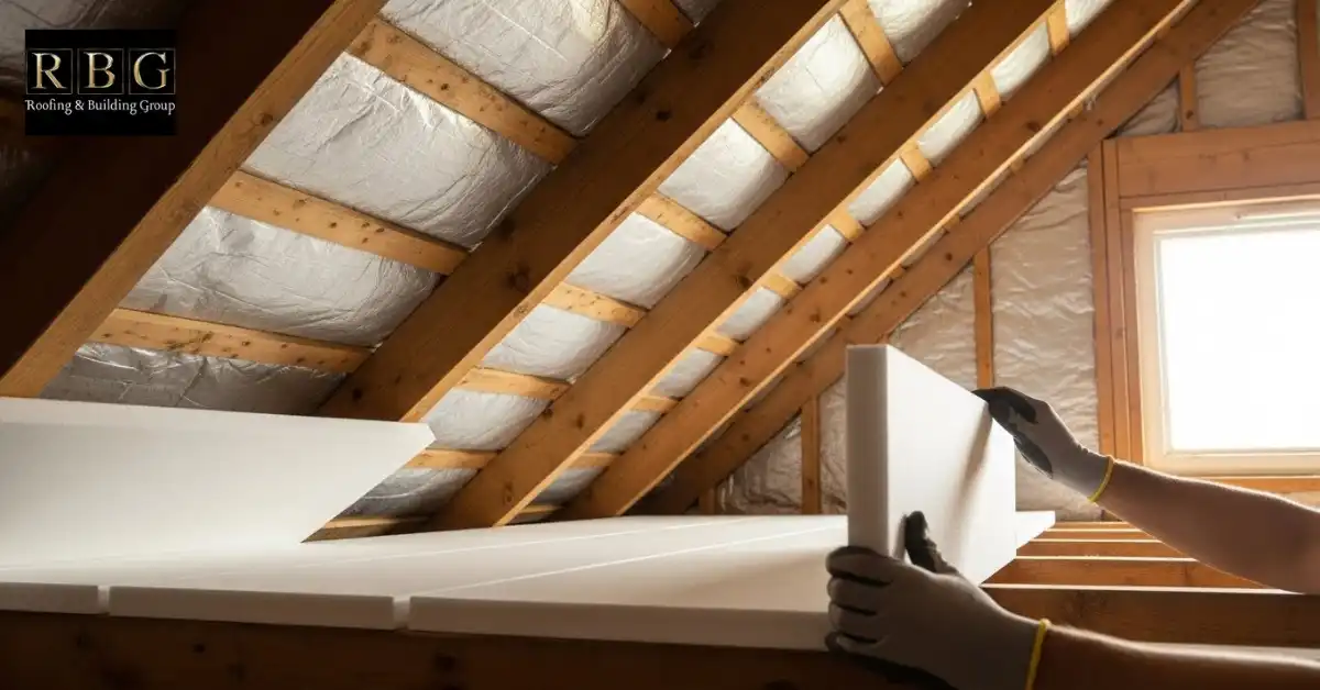 Rigid insulation boards being added under roof rafters in loft, showing extra insulation for pitched roof insulation between rafters.