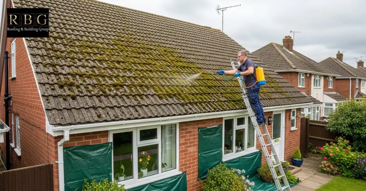 Applying moss killer to roof to eliminate moss on roof and prevent regrowth in UK homes.