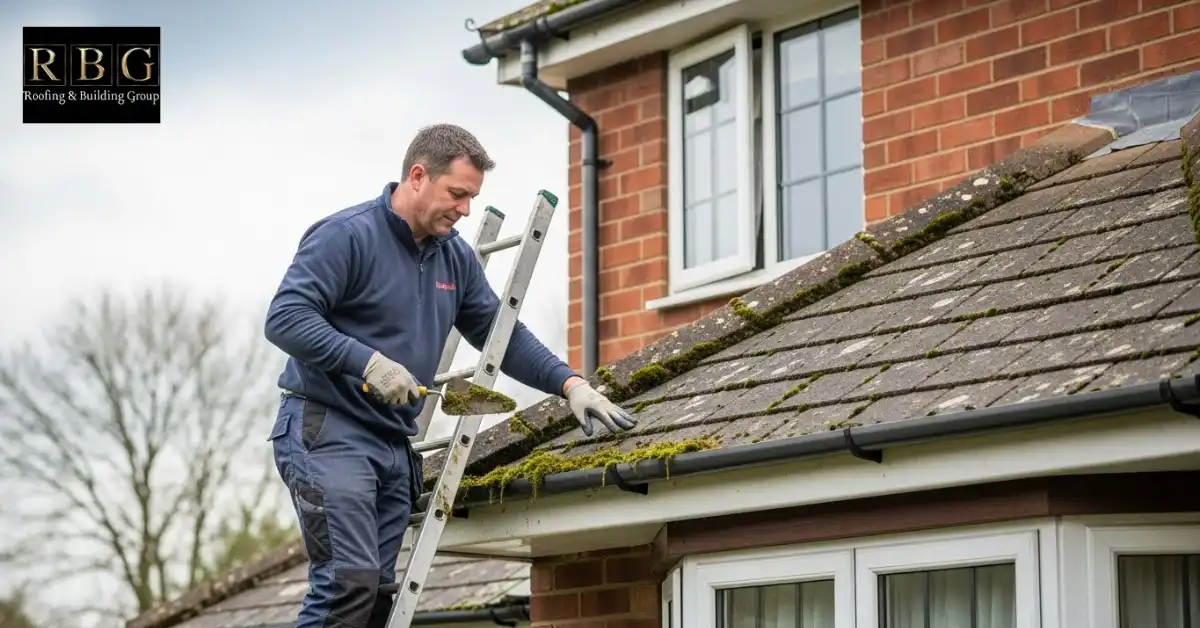 Cleaning gutters and checking for loose tiles after removing moss from roof to prevent moss returning in UK homes.