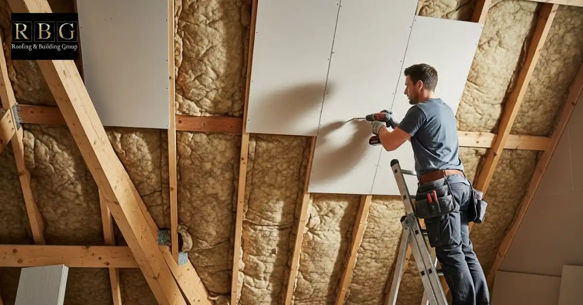 A man screwing plasterboard over insulated rafters in loft, completing internal pitched roof insulation installation