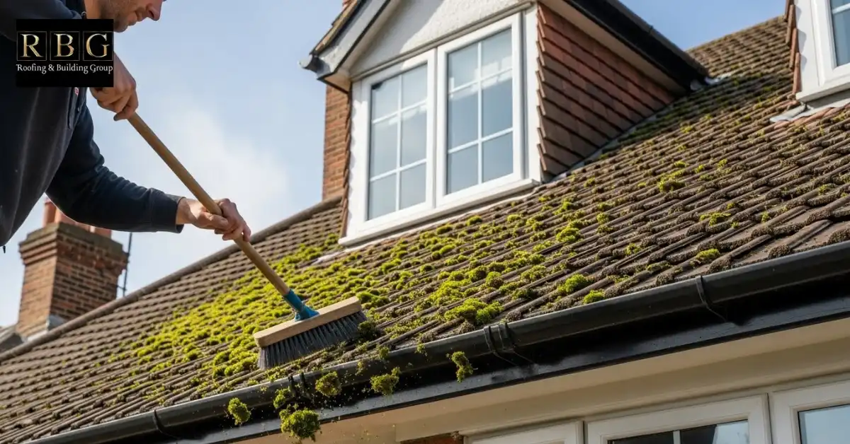 Gently brushing moss from roof tiles to clean moss off roof safely in UK homes.