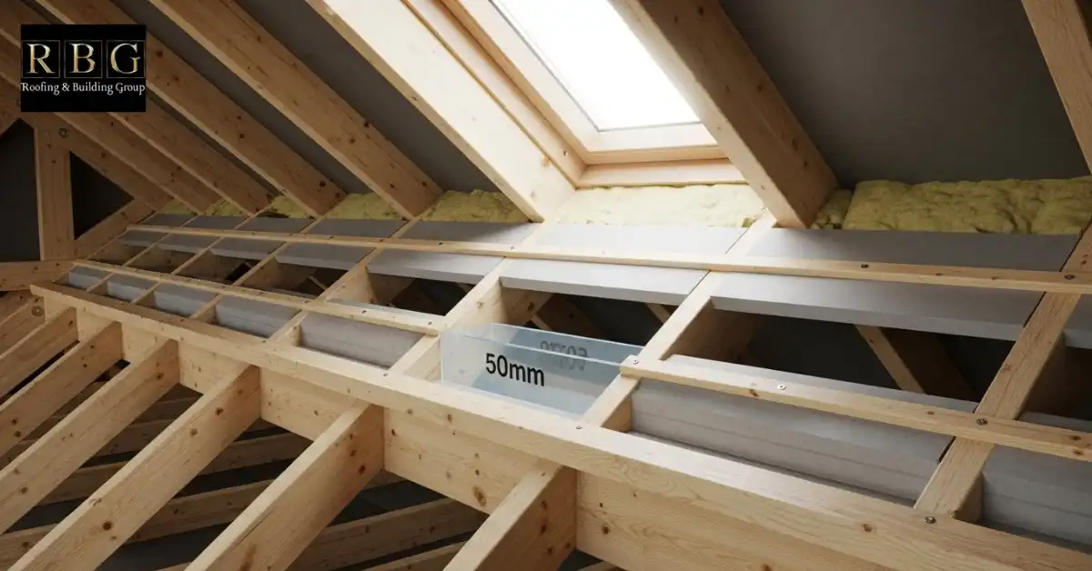 Insulation boards fitted between roof rafters with a visible 50mm air gap for airflow, showing proper pitched roof insulation.