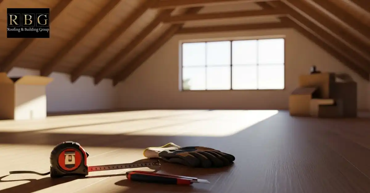 Loft space cleared and prepared for insulation with exposed wooden rafters and tools, ready for pitched roof insulation from inside.