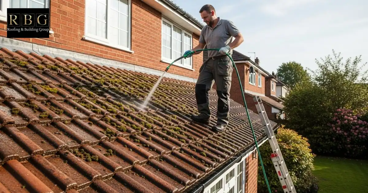 Rinsing roof after moss removal without high pressure to protect tiles and clean moss off roof in UK homes.