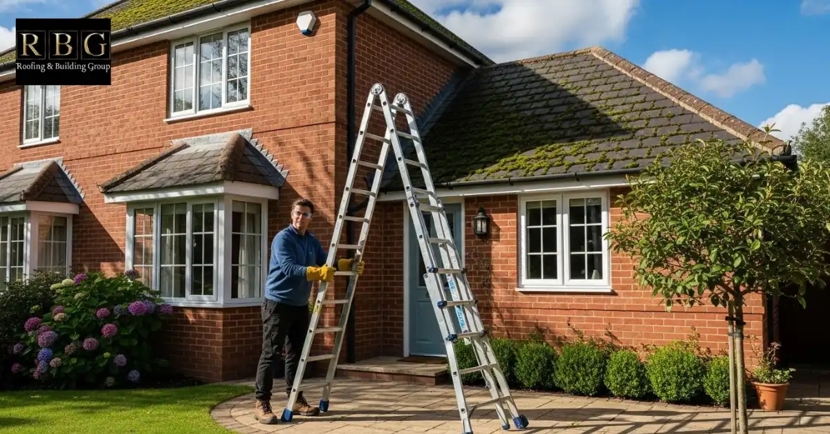 Homeowner setting up safety gear and ladder to safely clean moss off roof in UK home.