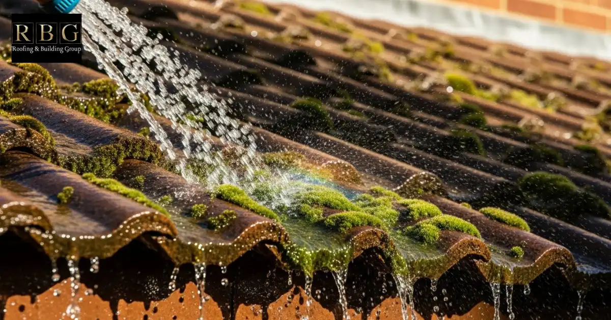Wetting moss on roof with garden hose before scraping to clean moss off roof safely in UK homes.