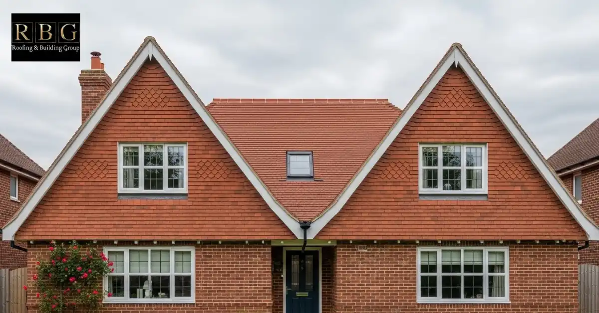 Gable roof also known as duo pitch roof on a UK house showing classic pitched roof design