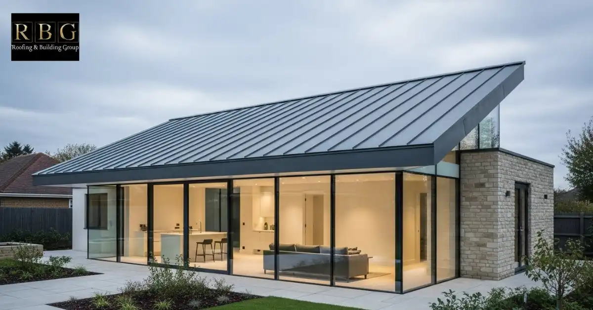 Mono pitch roof on a modern UK house showing single slope roof construction