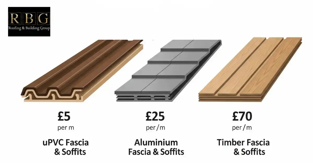Fascia and soffit material cost comparison showing uPVC, aluminium, and timber prices per metre.
