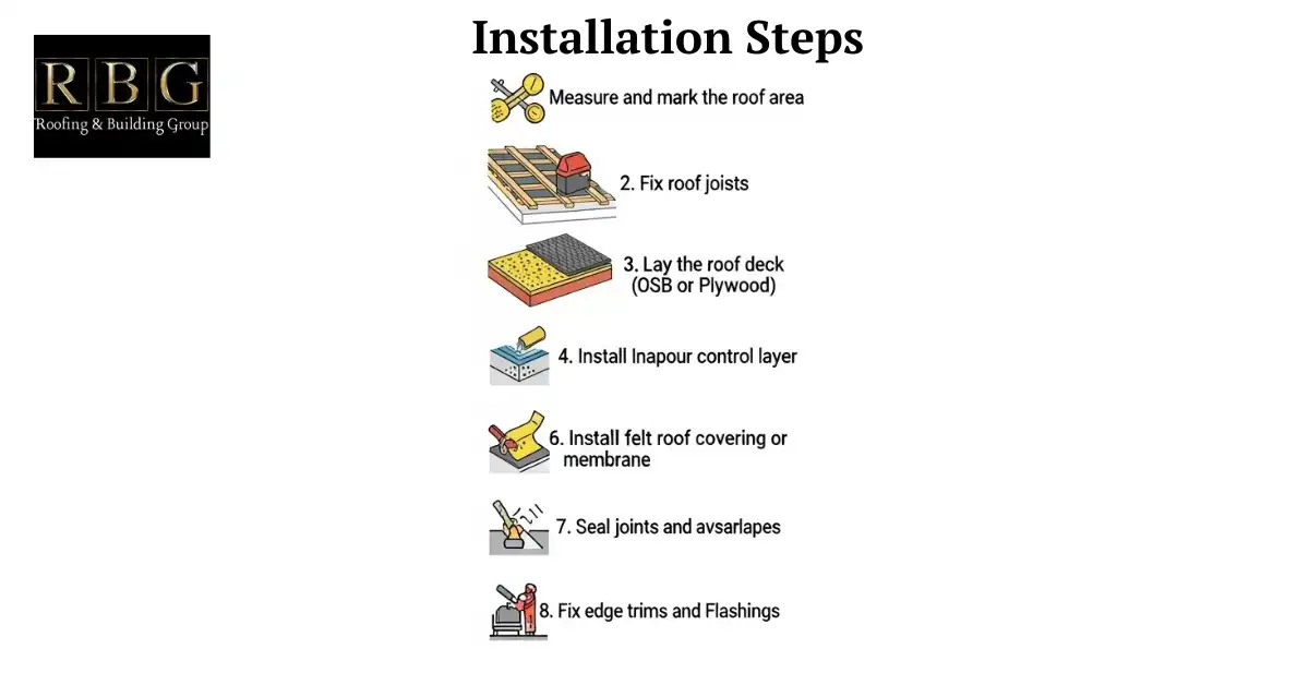 Infographic showing 8-step flat roof installation process in the UK with icons and labels for each step from measuring to fixing trims.