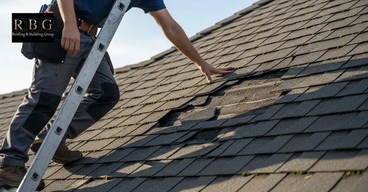 Inspecting damaged roof shingles before starting shingle repair on a UK home.