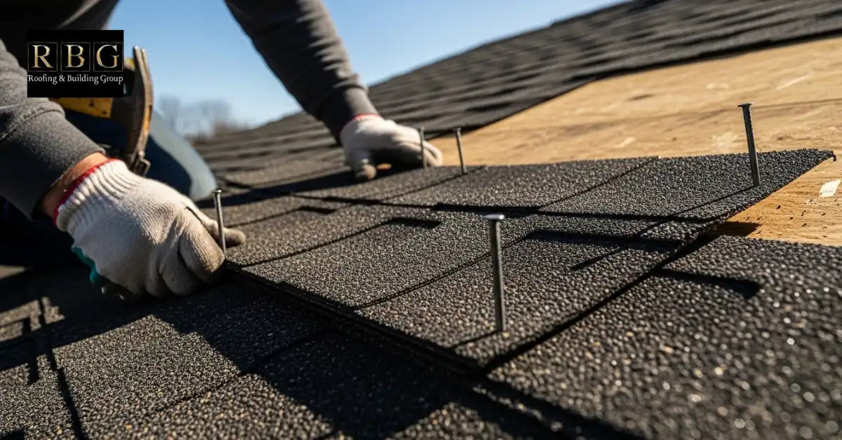 Installing replacement shingle during asphalt shingle roof repair.