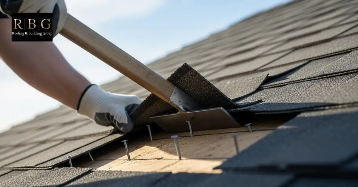 Removing damaged shingles from roof during shingle roof repair process.