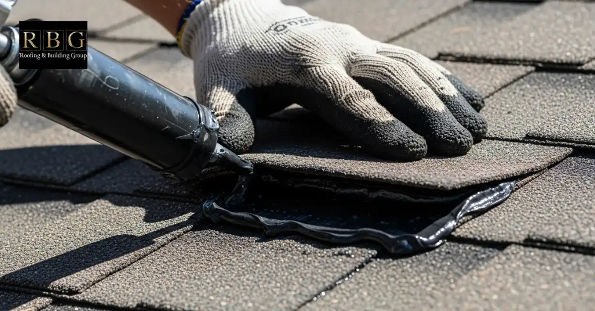 Sealing roof shingles repair with roofing cement to prevent leaks.