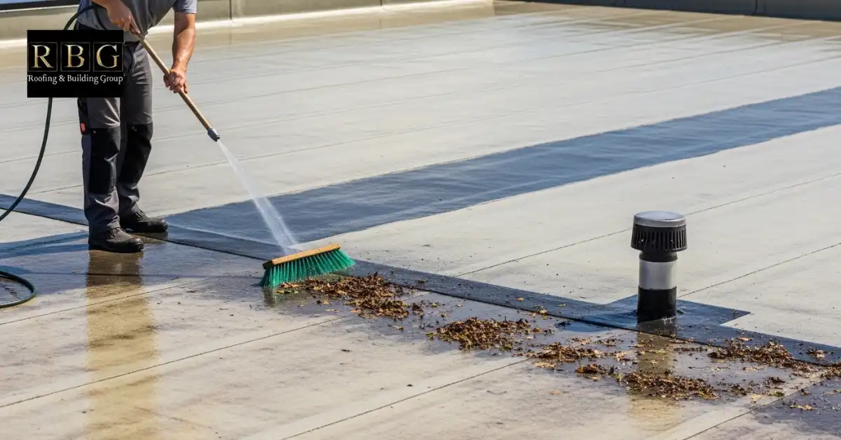 Roofer cleaning and preparing a fibreglass flat roof for repair.