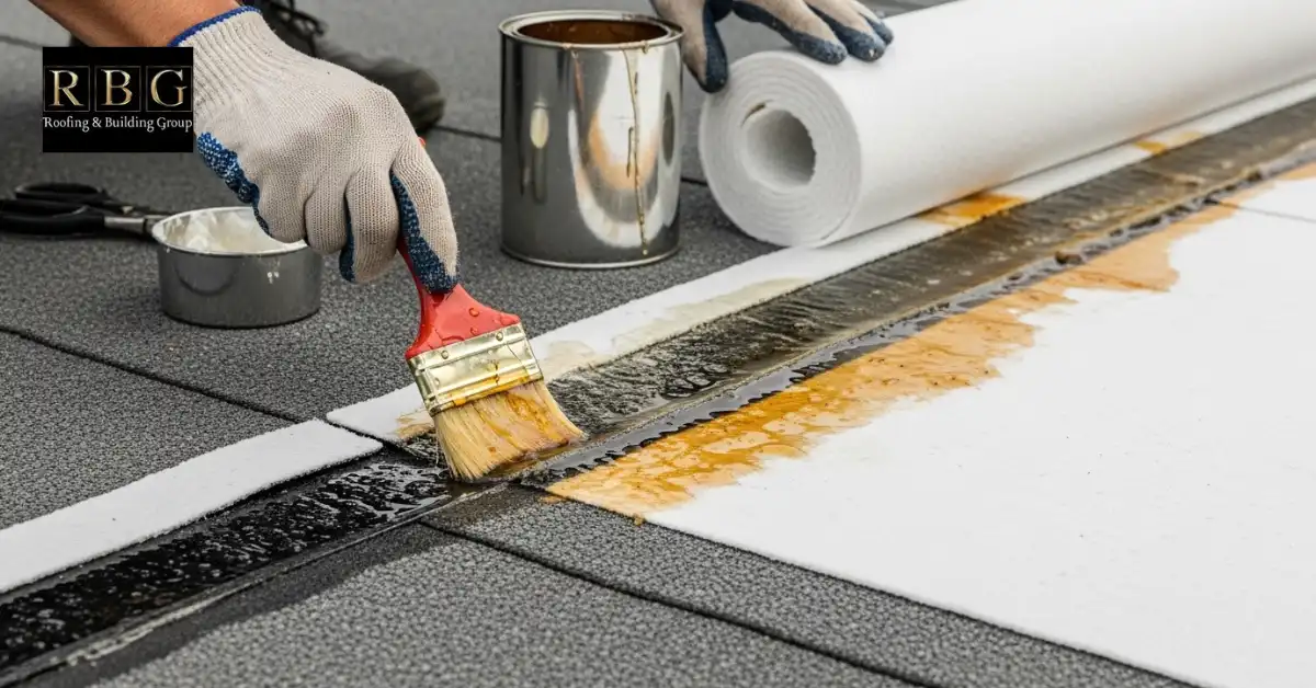 Roofer applying a fibreglass repair kit on a flat roof crack.
