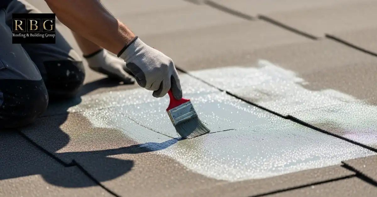 Applying protective sealant on a repaired fibreglass flat roof.